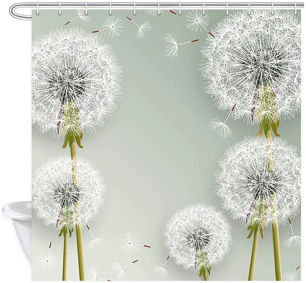 Floral Shower Curtain Spring Dandelion Flower and Flying Fluff Flowers Polyester Fabric Bath Bathroom Curtains Set with Hooks