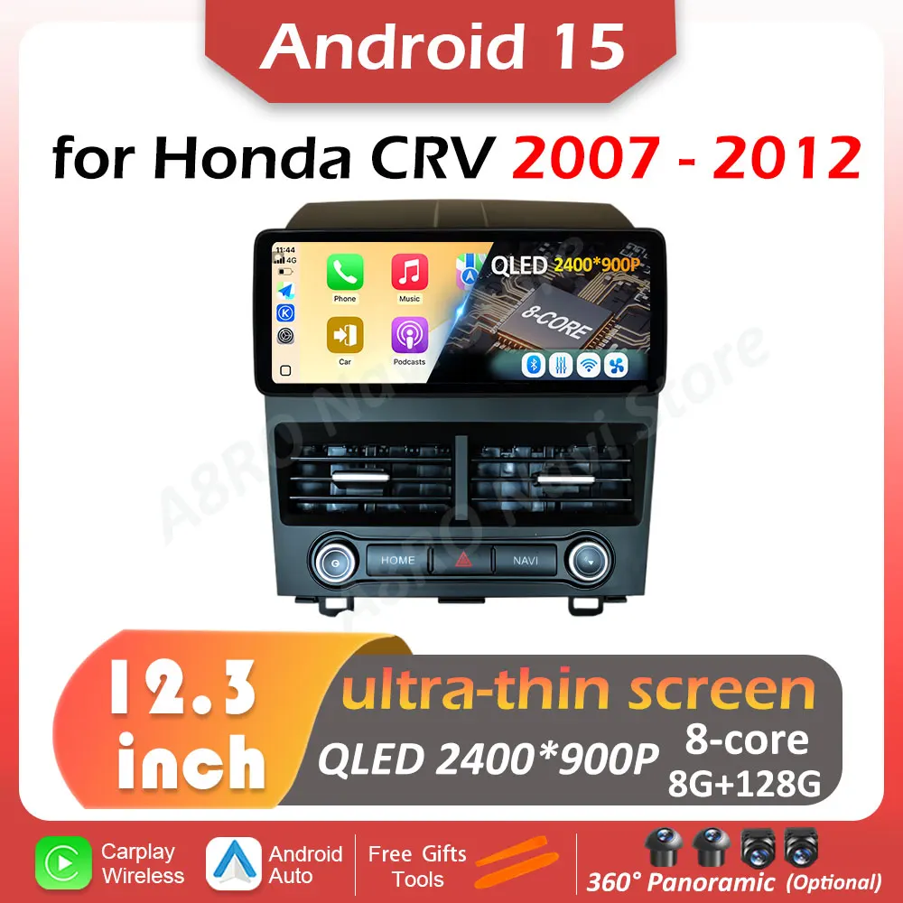 Radio Multimedia para Auto con Sistema Android 15 para Honda CRV 2007 2008 - 2012, Reproductor con Carplay, WIFI, BT, Pantalla Táctil QLED, Accesorios para Auto