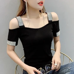 #5125 Black White Short T-Shirt Sexy Off Shoulder T Shirt For Women Slim Cotton Korean Style T Shirt Femme Slash Neck Summer