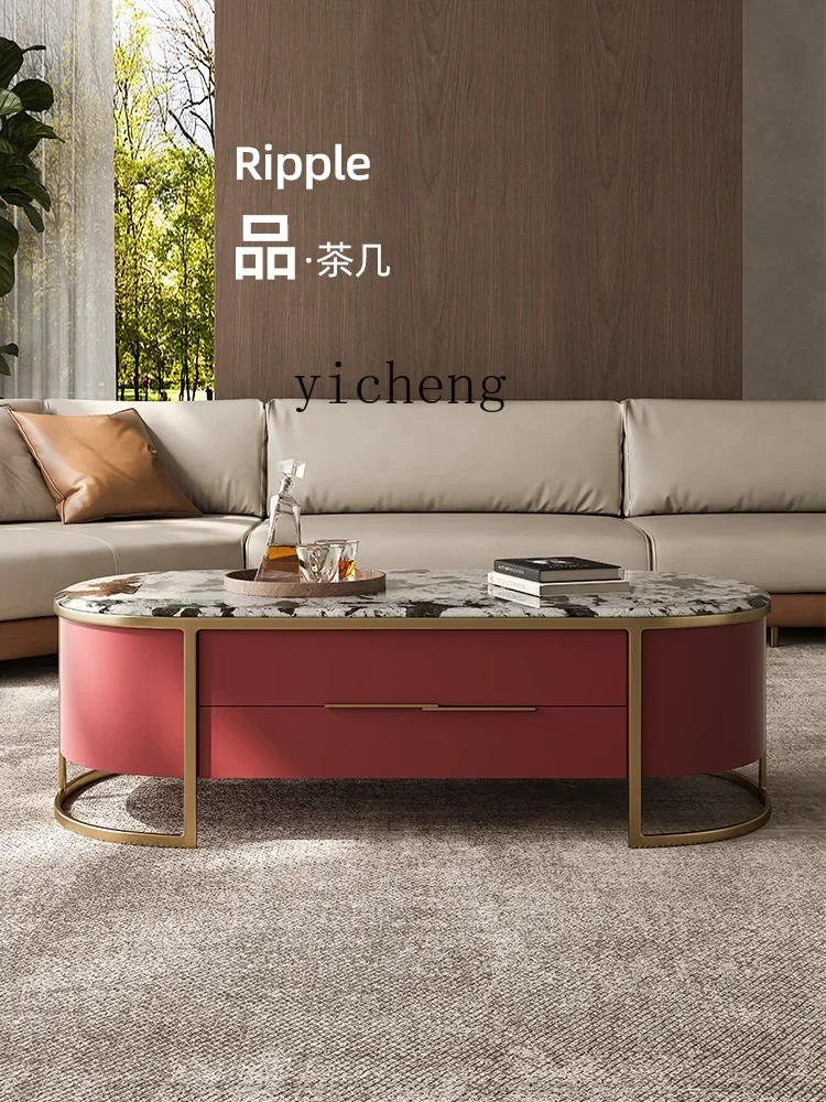 v9.7-light luxury natural marble coffee table household living room modern simple oval coffee table