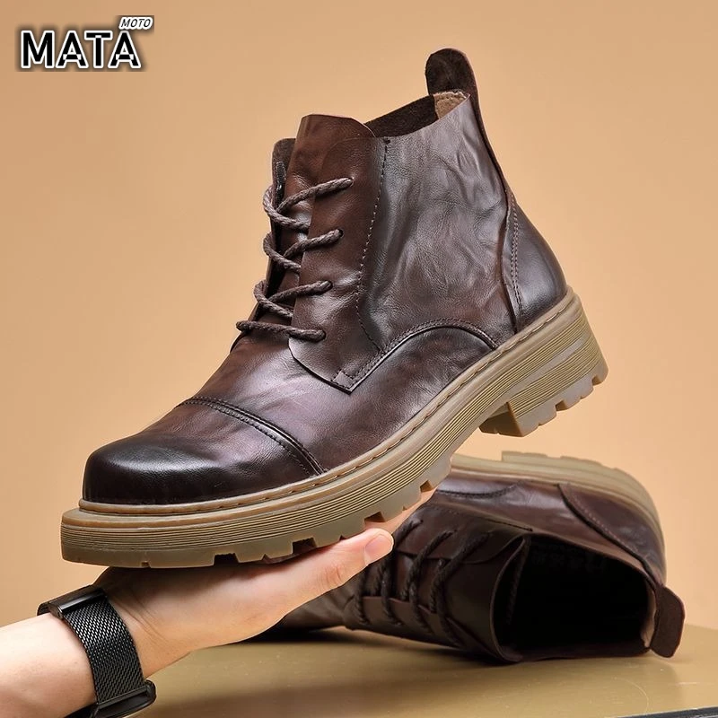 

Motorcycle Boot British Style High-top Lace-up Ankle Boots Autumn Winter New Luxury Men's Genuine Leather Designer Shoes