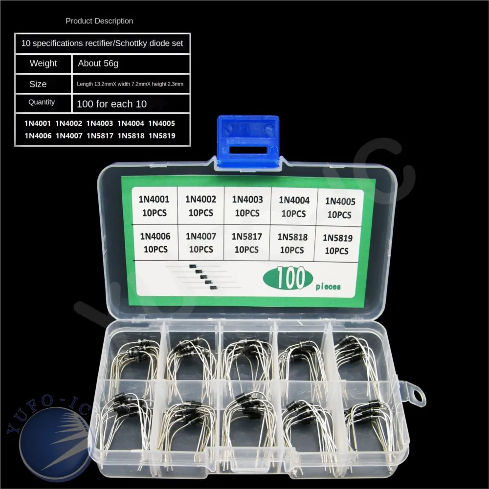 10Value*10pcs=100pc Rectifier Diode Kit Box 1N4001 IN4002 1N4003 1N4004 1N4005 1N4006 1N4007 1N5817 1N5818 1N5819 Assorted Mix 