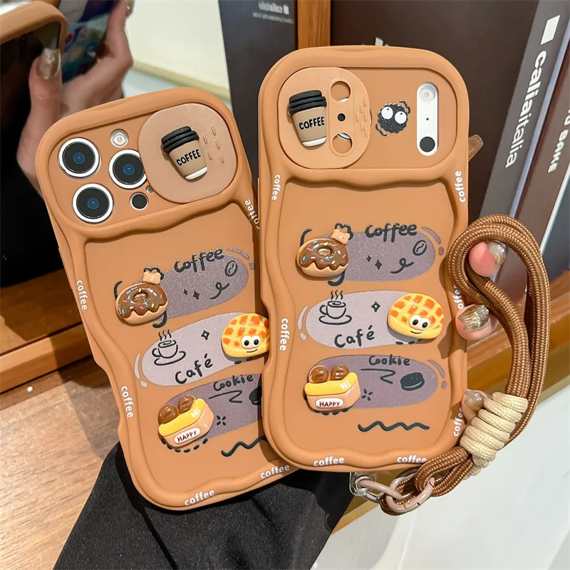Funda de Teléfono 3D con Dibujos Animados de Pan con Correa para la Muñeca, Ondulada, para iPhone 17 16 15 14 13 12 Pro Max, con Cámara Deslizante y Protección Antigolpes