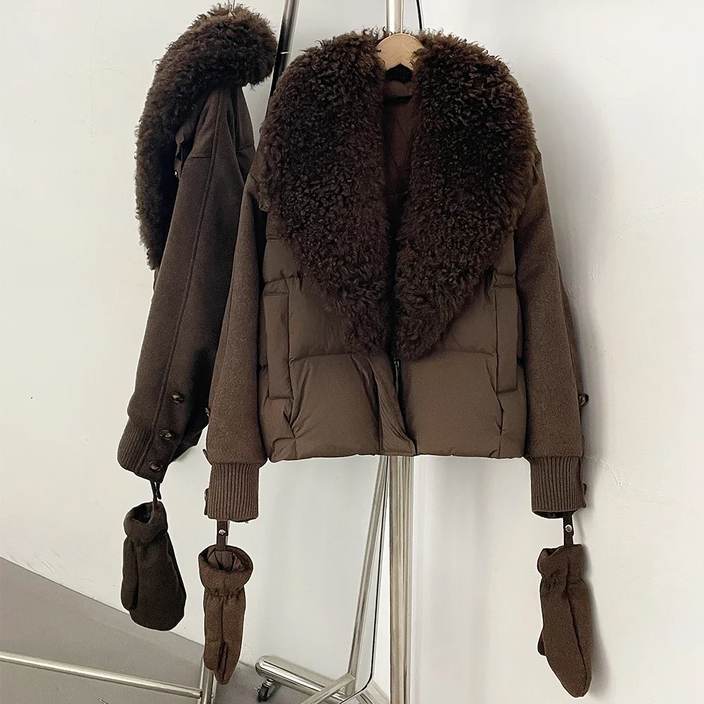 OFTBUY Abnehmbare Handschuhe Echte Lammwolle Pelz-Pufferjacke Daunenjacke mit Natürlichem Pelzkragen Neue Winter-Daunenkleidung für Damen – Detail 7