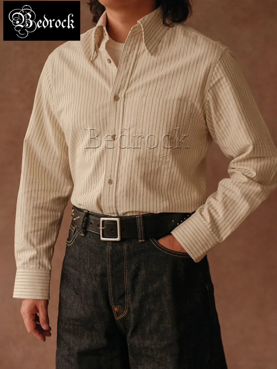 MBBCAR Men's Vintage Blue White Striped 100% Cotton Twill Jacquard Shirt Rugged Workwear Hidden Button Down Collar Regular Fit