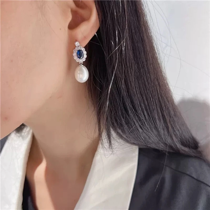 6-7mm Luxury Jewelry Natural Seawater Pearl Necklace Bracelet Earrings Set Party Blue Cubic Zircon Free Shipping