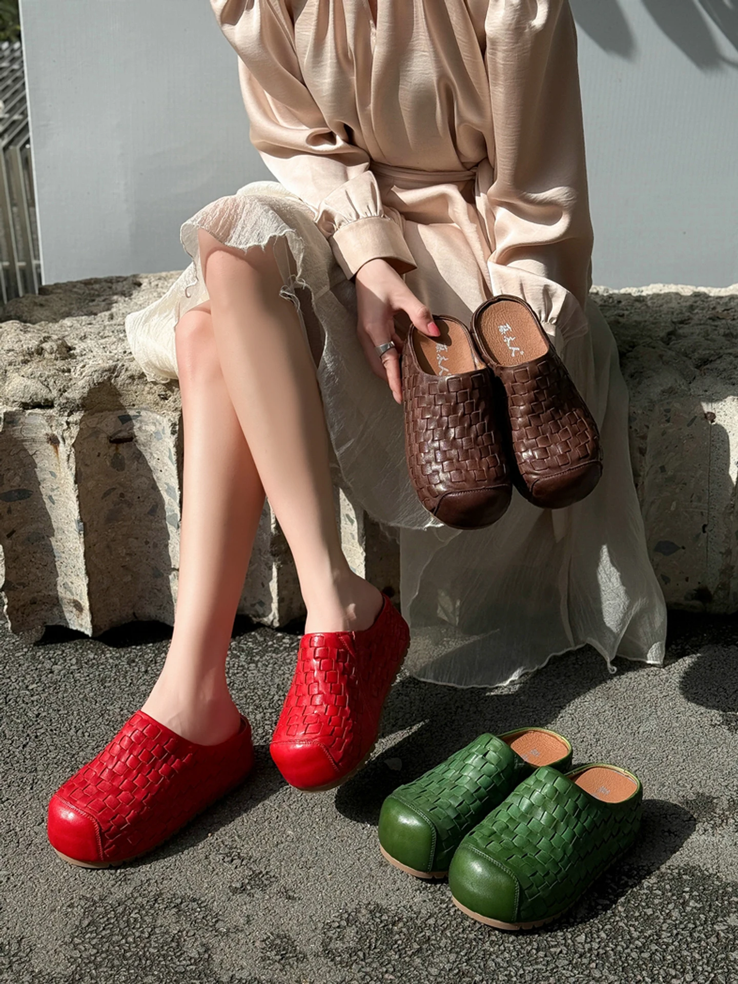 Handmade Thick Bottom Leather Mules Slip-On Summer Shoes Women's Flat Sandals Support Arch Support Outerwear Slip-On Shoes