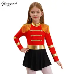 Kids Girls Circus Ringmaster Costume Long Sleeve Keyhole Back Fringe Epaulet Leotard Bodysuit Lion Tamer Showman for Carnival