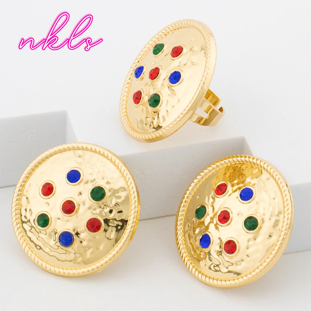 Dubai Round Design Luxury Gold Color Jewelry Set for Women African Fashion Bangle Earrings Necklace Ring Set Wedding Party Gift