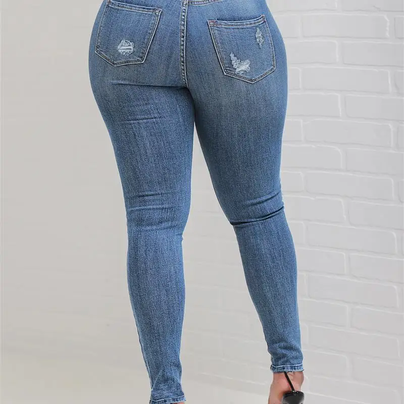 Nieuwe hoge elastische damesjeans, slim fit, perforatorknop, lange broek, grensoverschrijdende denim, faionable damesbroek