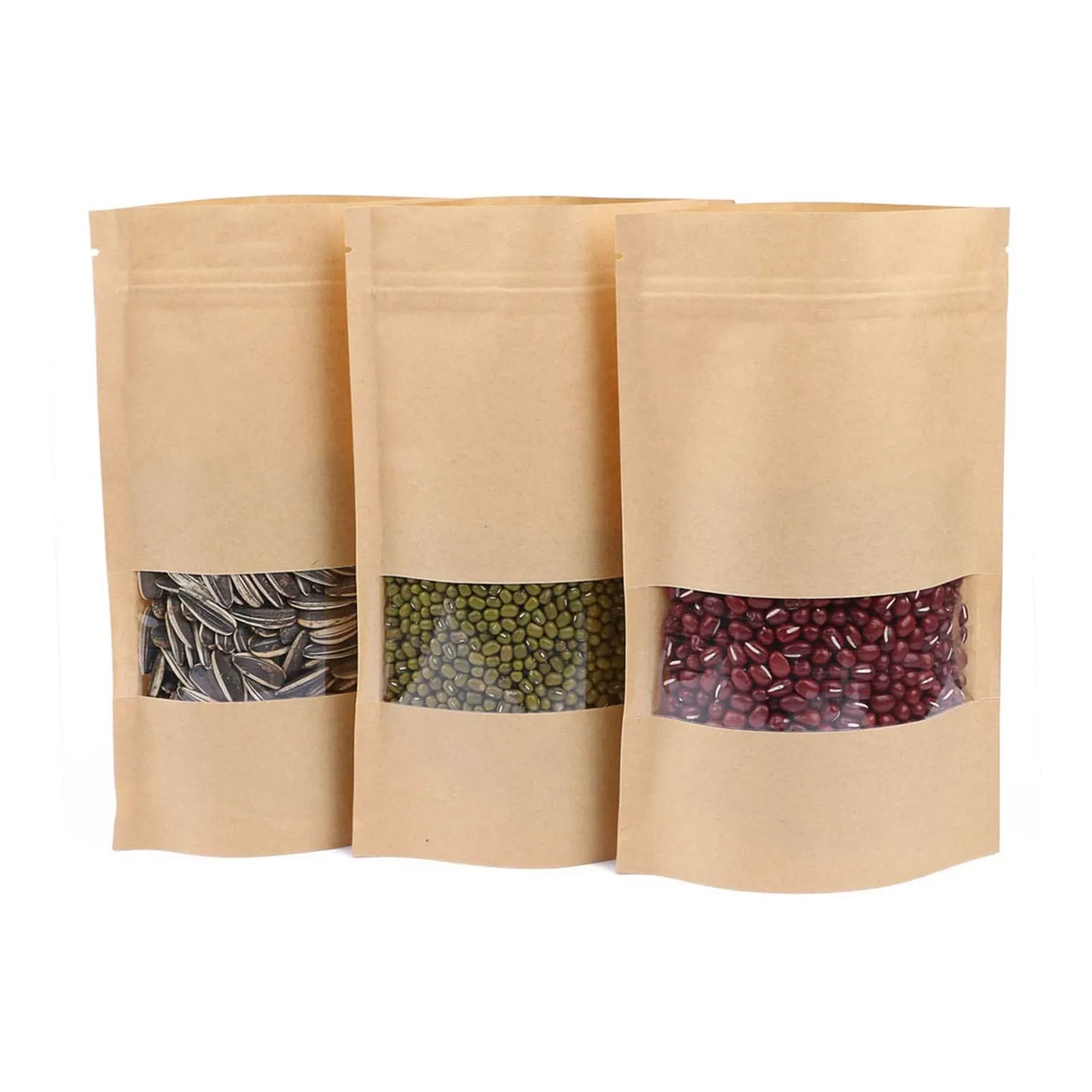 Kraft Paper Window Bag Stand Up Resealable Self Sealing Packaging Pouches Storing Cookie Nut Food Snack Fruit Tea Ziplock Bag