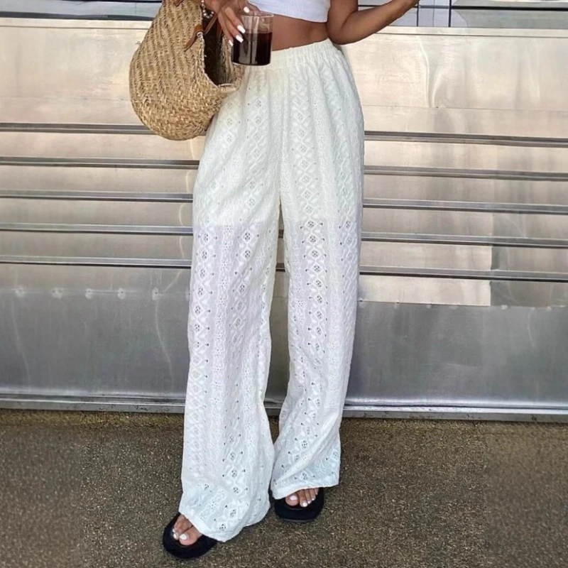 Women's Straight-leg Pants Summer Solid Color White Hollow Embroidery Pant Full Length Casual Loose Elastic Waist Trousers Women