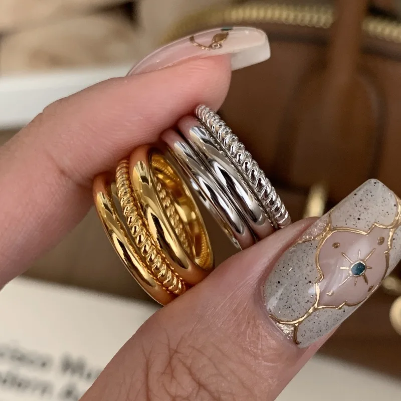 

Fashion glossy three piece ring sets Light luxury minimalist style Twists wide narrow version rings daily retro party jewelry