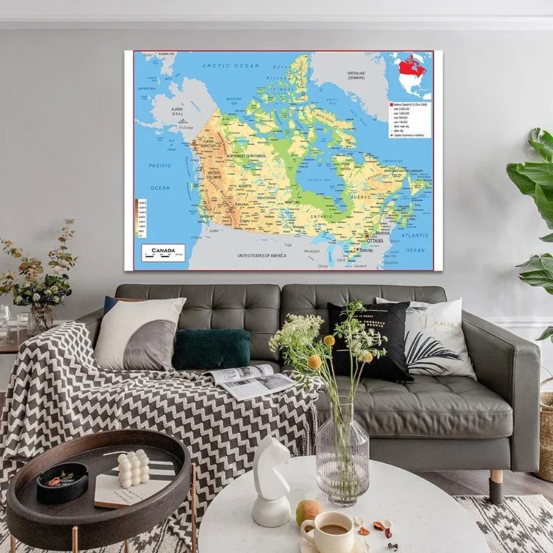 La mappa topografica del Canada 150 * 100 cm in inglese senza cornice Poster e stampe Wall Art Dipinti su tela Home Living Room Decor