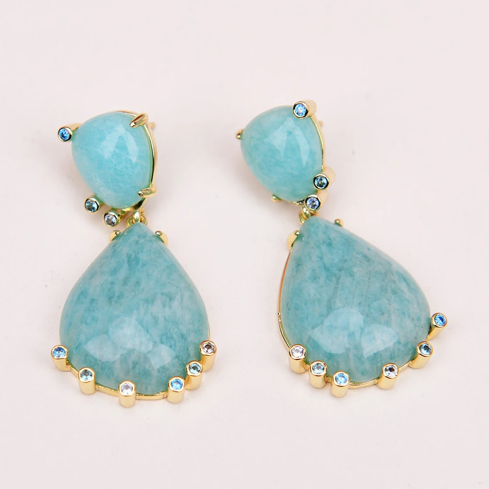 Imagem -04 - G-g-natural Verde Amazonite Forma Teardrop cz Pave Banhado a Ouro Brincos Dangle Partido Elegante Jóias Drop Shipping