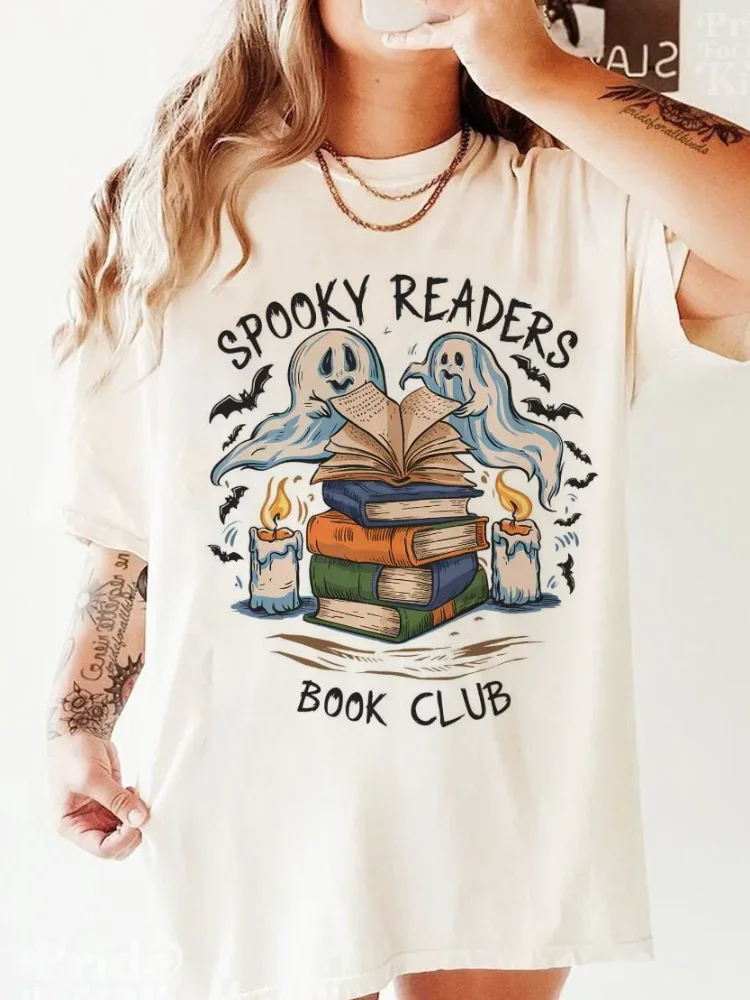 Spooky Readers Book Club Ghost Book Lover Printed Short Sleeve Cute Pattern Women's Basic O-Neck Casual Printed Halloween T-Shir