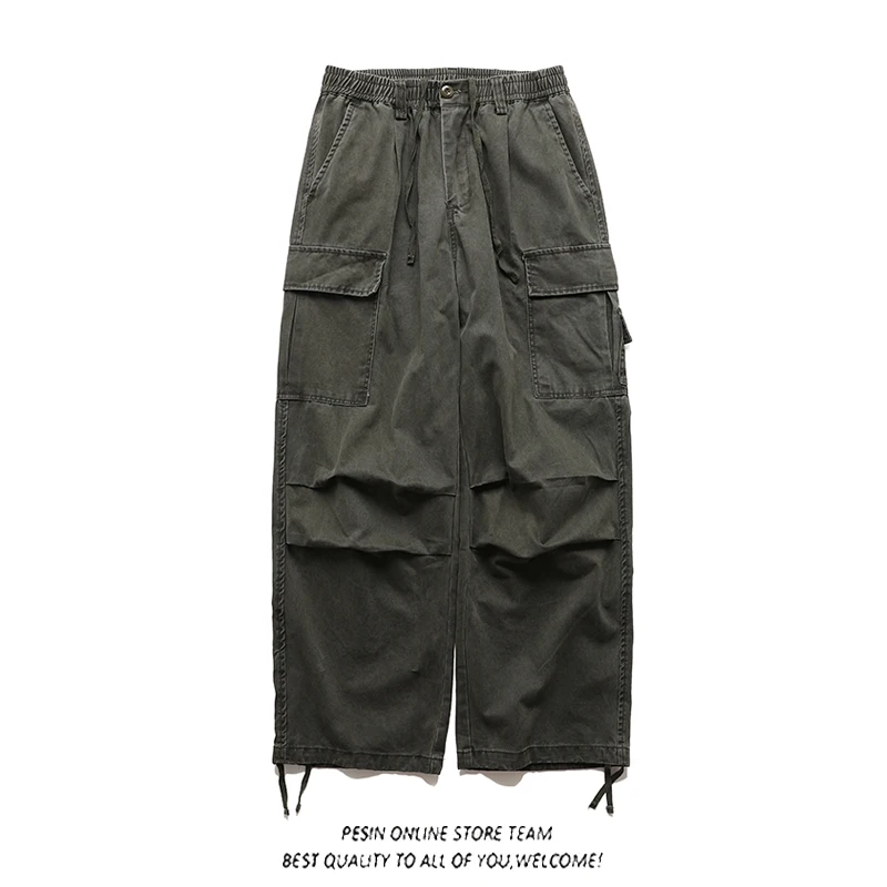 Retro Japanese Washed Multi-Pocket Work Pants Loose Wide Leg Casual Trousers for Men Trendy Brand Youthful Autumn Leisure