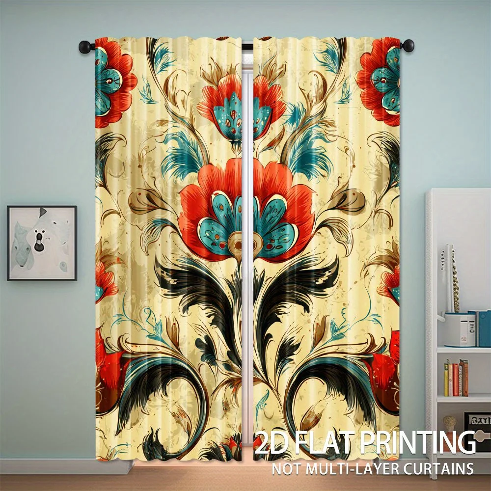 Floral red and blue retro art Print Drapes Room Darkening Window Curtains for Home Decor,Rod Pocket Blackout Curtains Bedroom