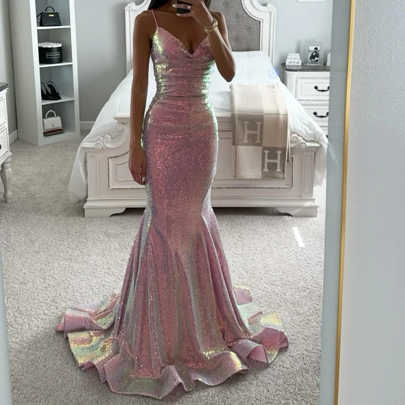 

Modern Fashion Spaghetti Straps Slim Fit Mermaid Party Dresses Luxury Sequin High End Sexy Vestidos Long Summer Gown