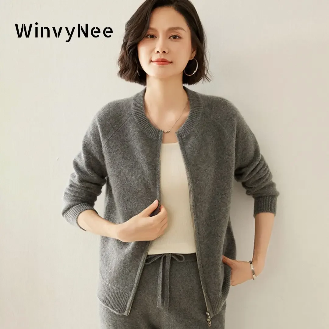 WinvyNee Women's Cashmere Wool Cardigans Sweaters with Zip Solid O-neck Casual Knitwear Tops Winter Cropped Cardiagans B1264037