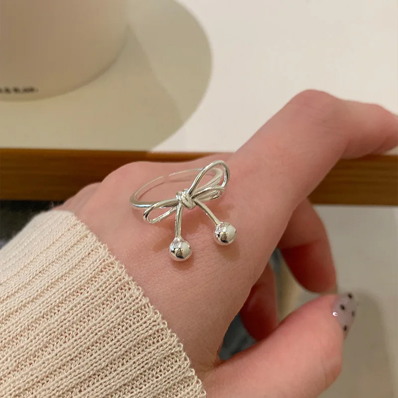 PANJBJ 925 Sterling Silver Bow Knot Ring Hollowing Out Korean Minimalism Tassels Fashion Jewelry Gift Dropshipping