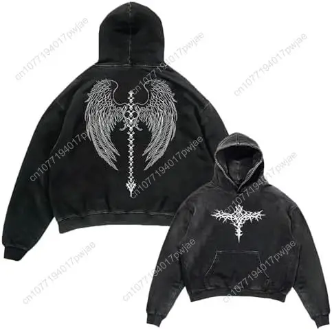 

Unisex Y2K Aicd Wash Gothic Graphic Hoodies Oversize Grunge Skull Wing Print Sweatshirt Casual Fit Pullover
