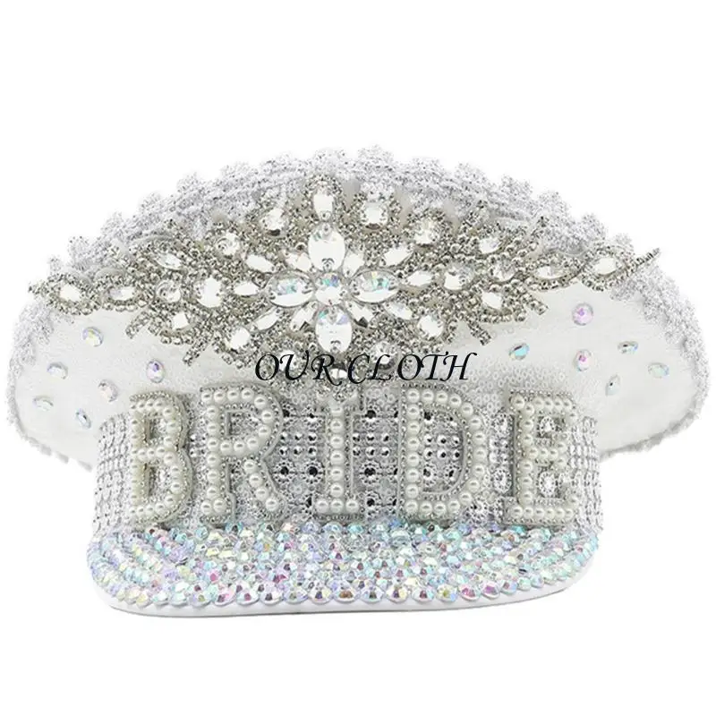 キラキラ花嫁帽子ヘビーラインストーンスパンコールパールキャプテンハット結婚式の写真y1ac