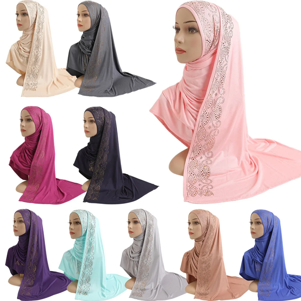 

Cotton Jersey Muslim Hijab Women Solid Color Headscarf Islamic Long Scarf Shawl Rhinestone Malaysia Bandanas Pashmina Head Wrap