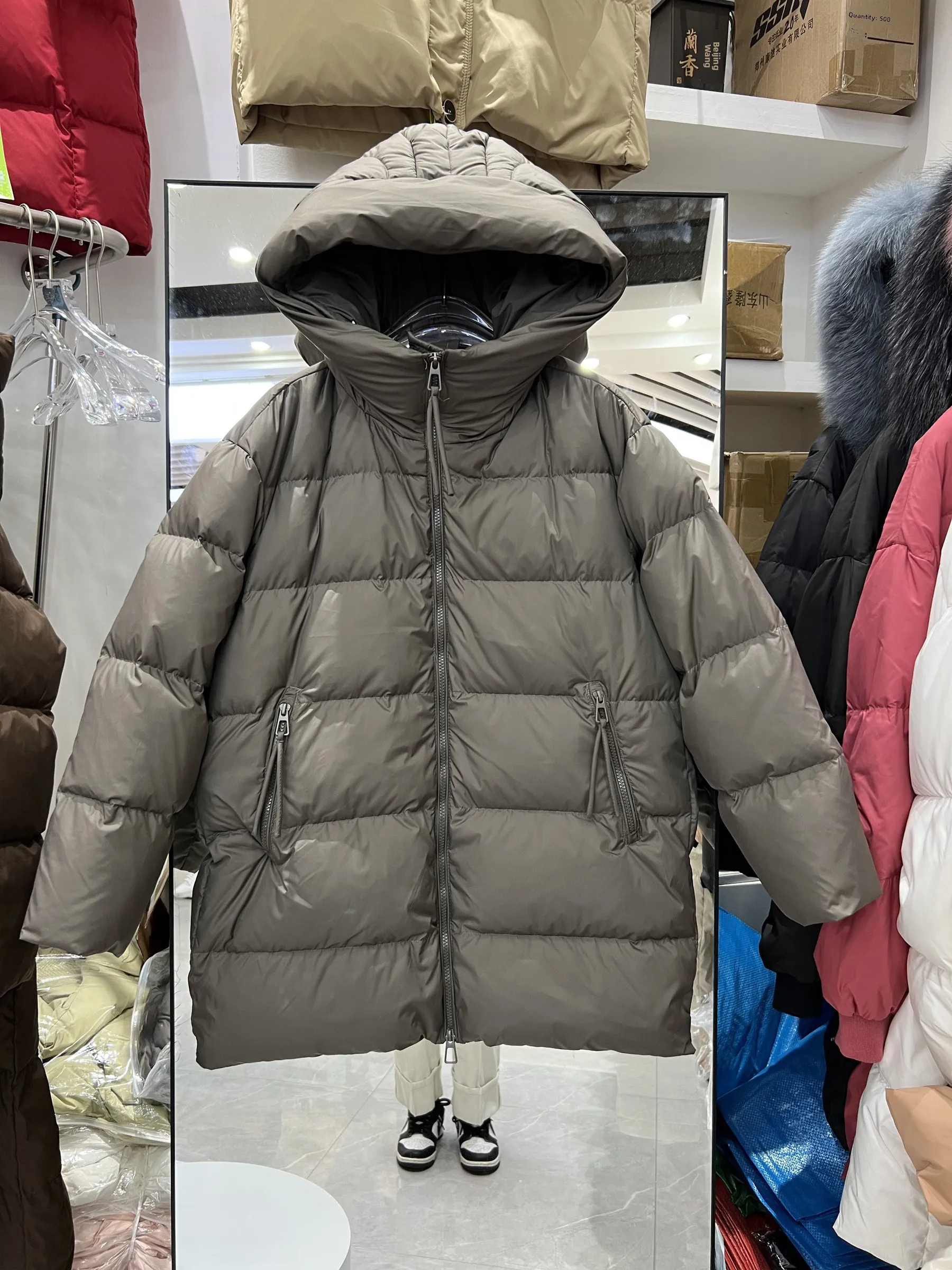 2025年新作 レディース ミドル丈 ダウンジャケット フード付き カジュアル シンプル ホワイト ダウン アウター トレンド