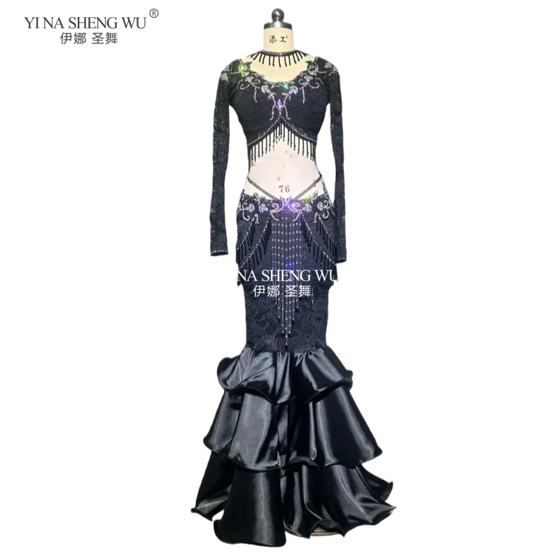 Luxury BellyDance Costume Sexy Lace Black Suit with Fishtail Long Skirt 2pcs Set Oriental Style for Belly Dancing Performance