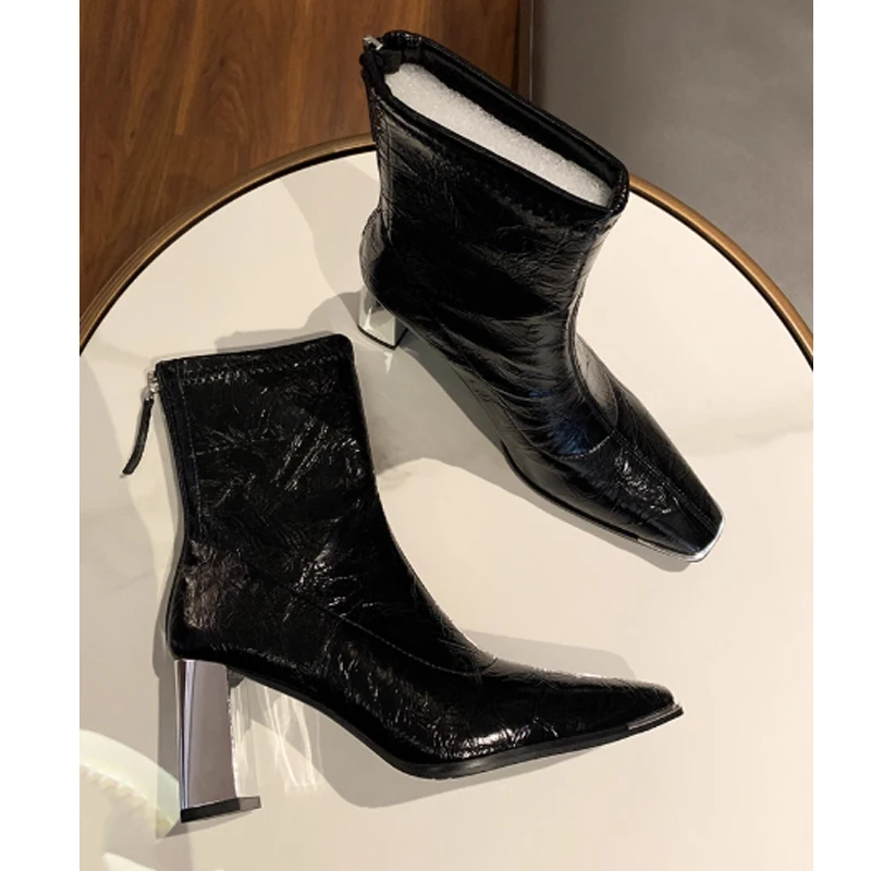 

Black Cracked Leather Silver Chunky Heels Ankle Boots Woman Winter 2026 White Square Toe Rear Zipper Metal Heel Short Boots