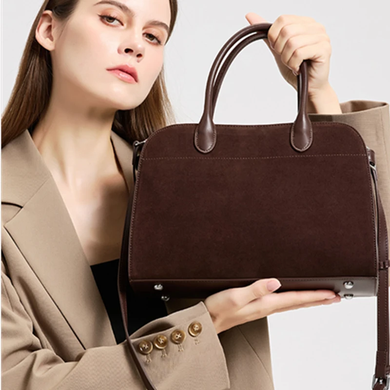 

Burminsa Suede Cowhide Genuine Leather Tote Handbags For Women 2025 Luxury Designer Shell Work Ladies Shoulder Crossbody Bags