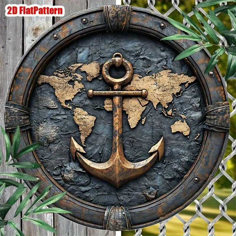 2D Flat, 1pc Vintage Nautical Metal Wall Art - Large Rustic Anchor & World Map Chart on Olive Aluminum Sheet, Minimalist Maritim