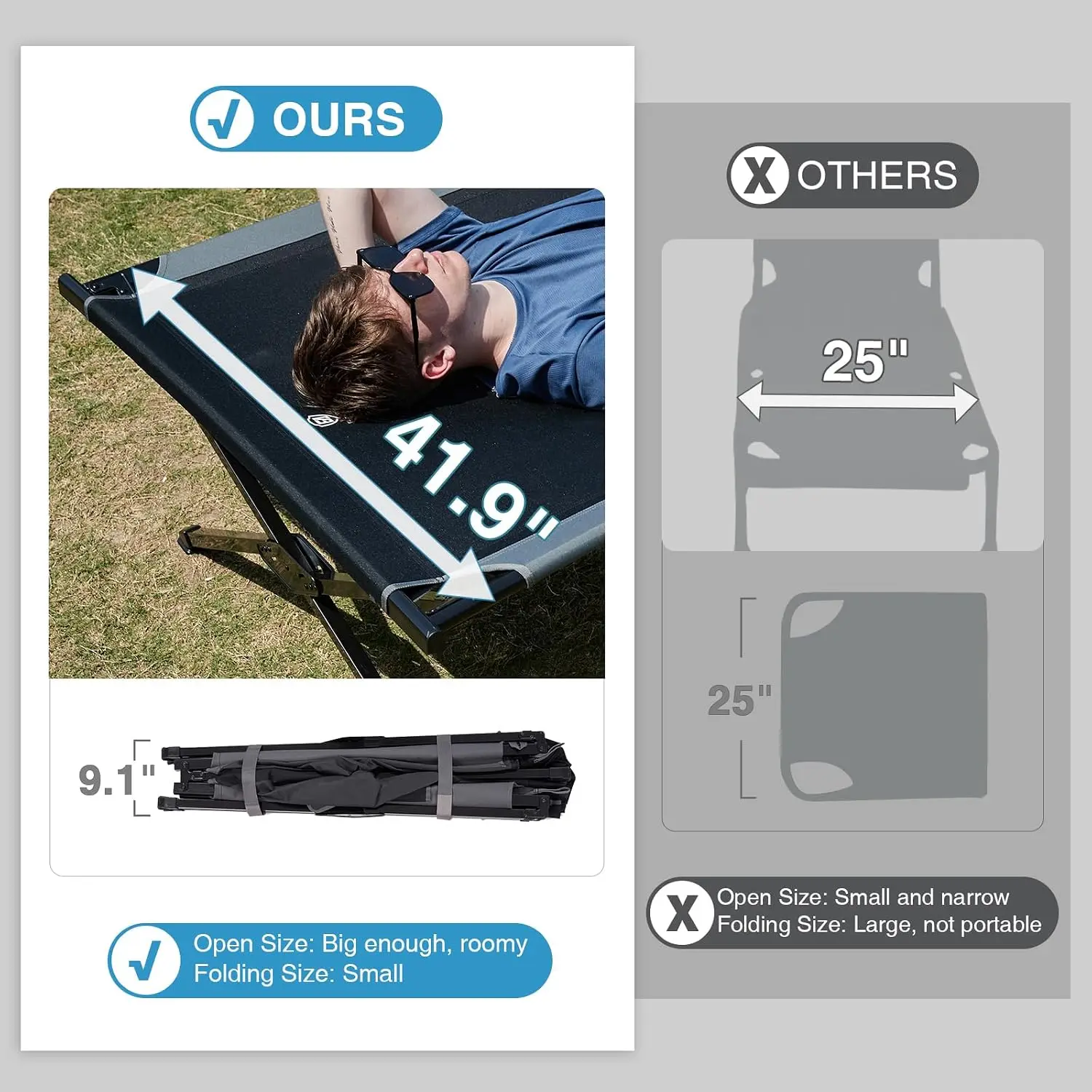 Oversized XXL Extra Wide Folding Camping Cot Bed for Adults, Heavy Duty Sleeping Cot with Carry Bag, 84.3 x 41.9 Inches, Supports up to 550 lbs