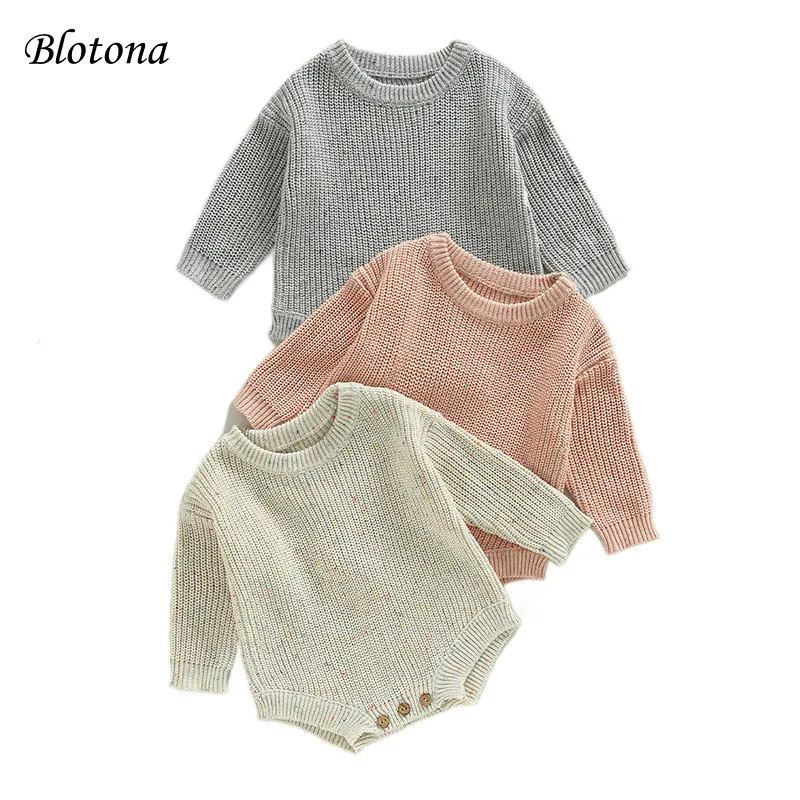 O mais novo bebê recém-nascido de malha manga longa outono inverno camisola romper, o-pescoço cor sólida salpicado botão virilha bodysuit, 0-24m