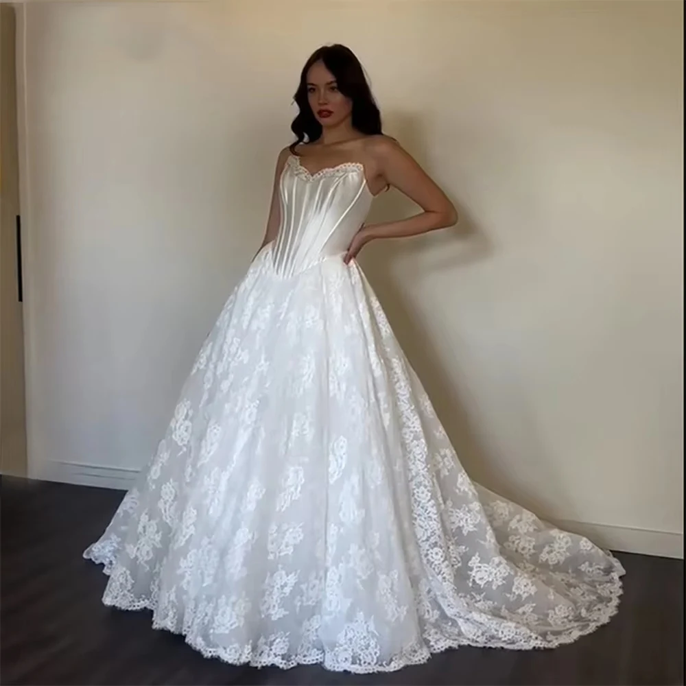 

Sweetheart Collar A-Line Women Wedding Dresses Customized Elegant Lace Print Tulle Bridal Gowns Banquet Vestidos De Novias 2025