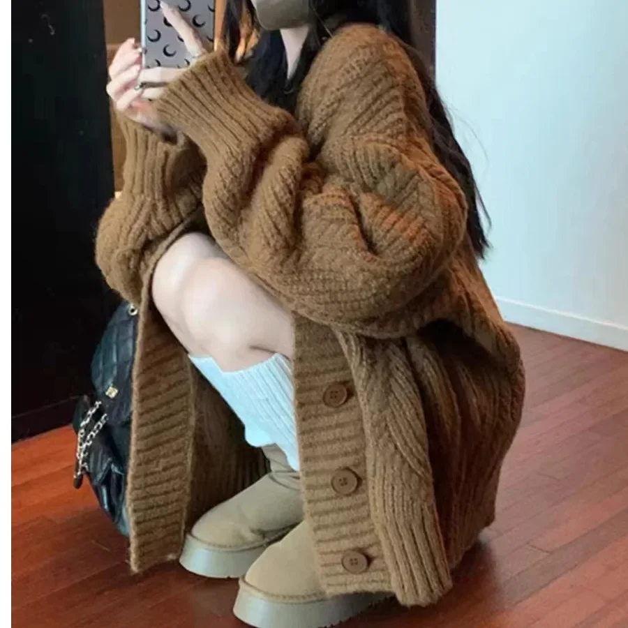 

Vintage Knitted Cardigan Outer Wear Top 2024 Thick Brown Sweater Coat Women's Autumn Winter Loose Lazy Wind Twist