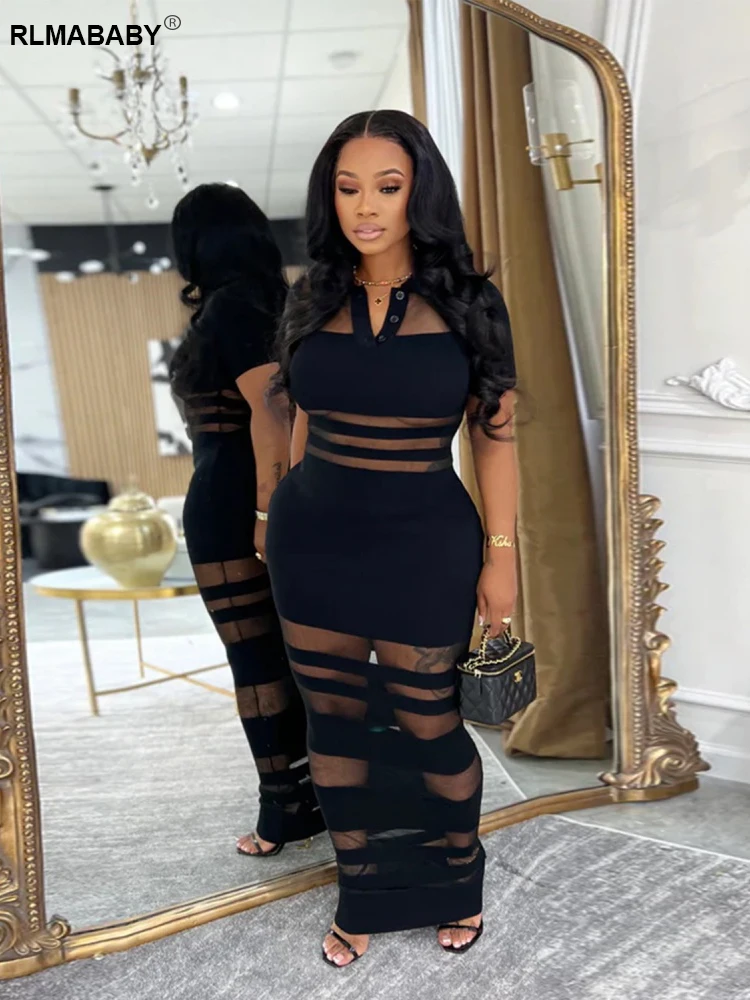 RLMABABY Sexy Sheer Mesh Gespleißt Frauen Lange, Figurbetontes Kleid Umlegekragen Kurzarm Taste Patchwork Casual Mantel Maxikleid