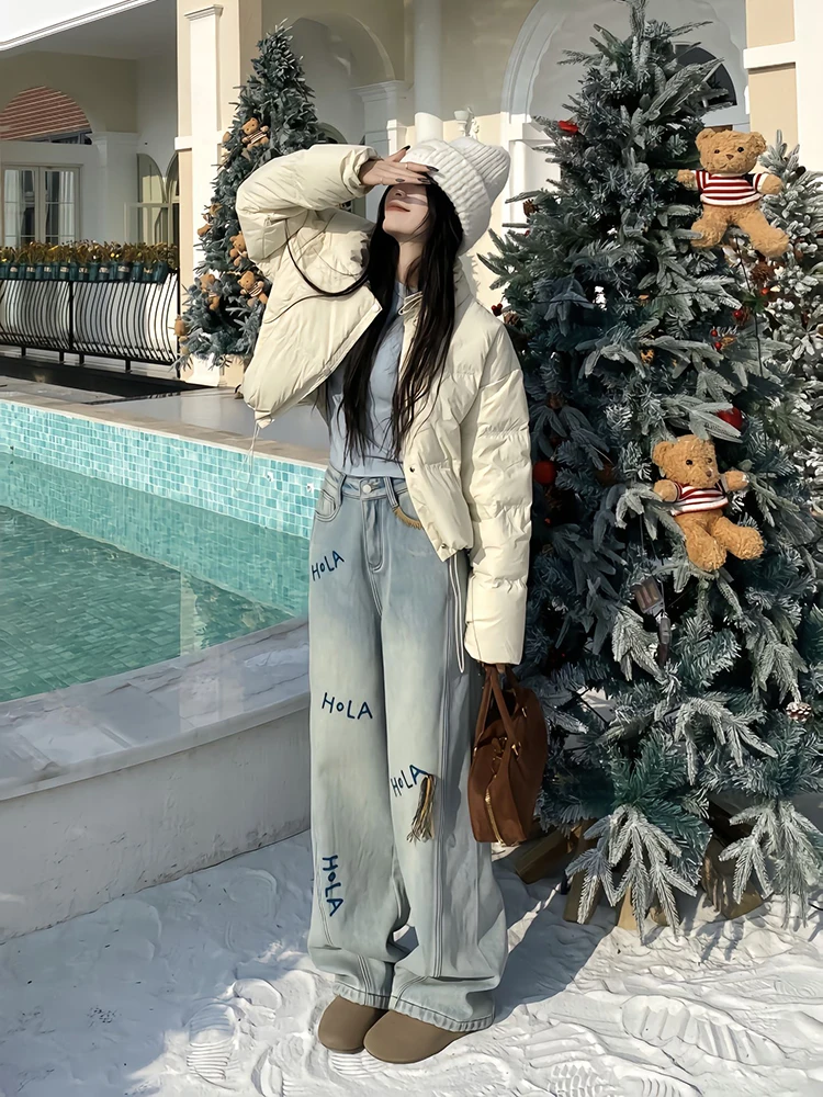 

Cute Embroidered Fce Lined High Waist Straight Leg Denim Jeans Women's Design Sensation Light Colored Wide Leg Pants