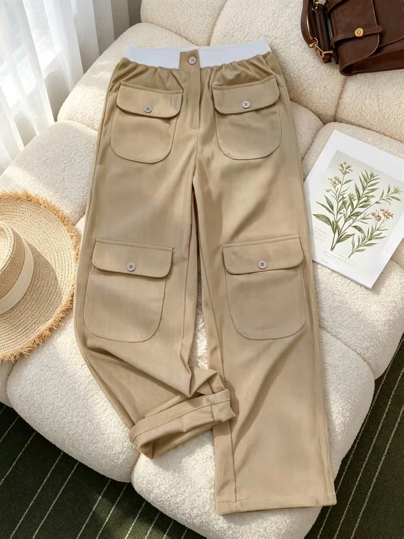 Women Multi‑Pocket Cargo Pants, High Waist Straight Wide Leg Casual Trousers for Daily Wear