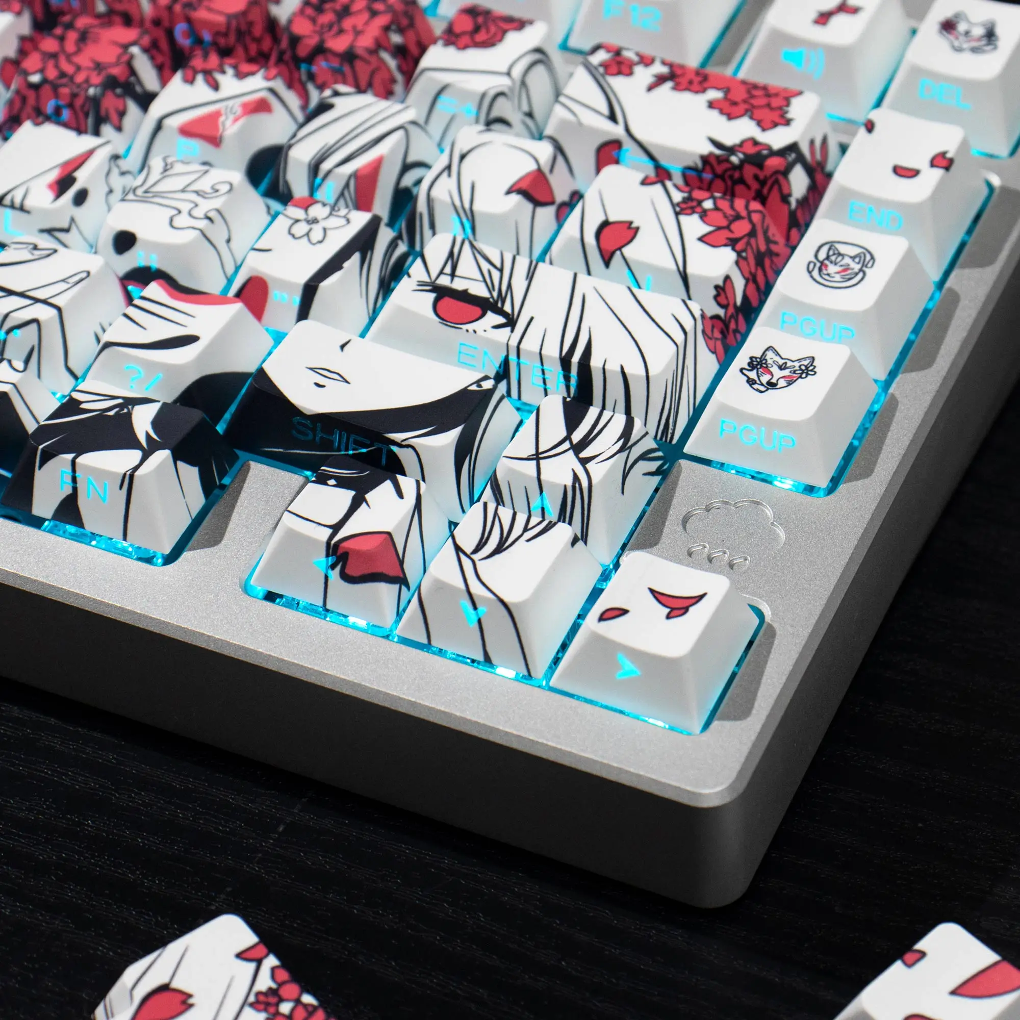 128 keys Raven Sakura Keycaps Dye-Sub Cherry Profile Cute Anime Keycaps Side Shine Through PBT Keycap For Mechanical Keyboard