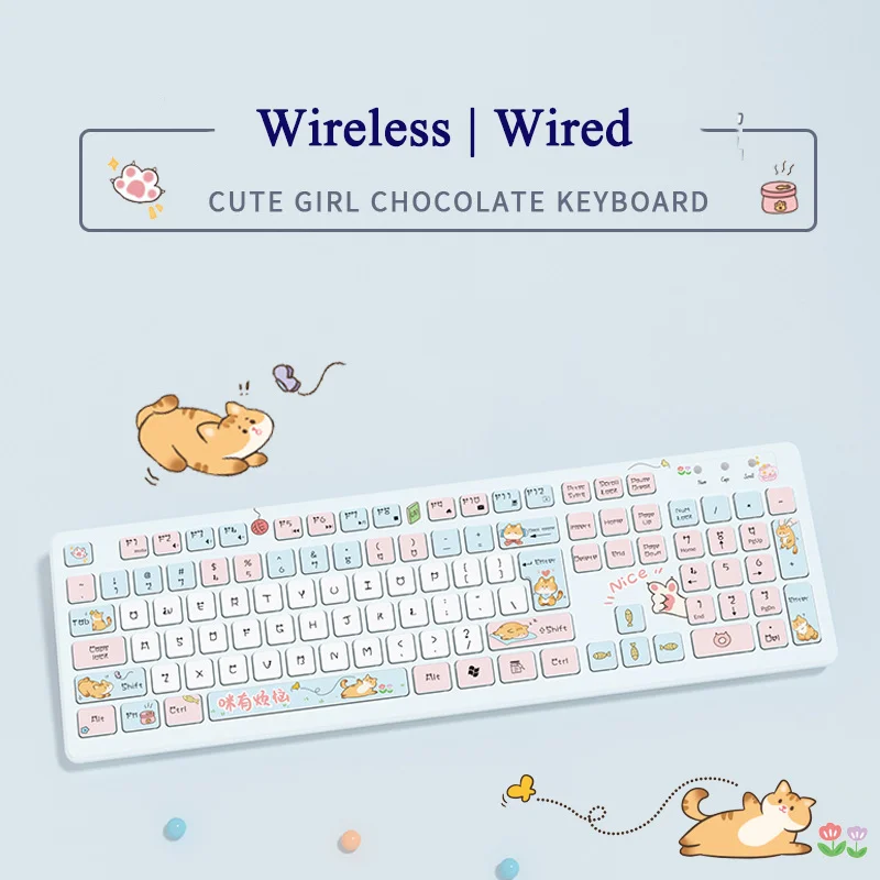 

104 Keys Cute Cat Wireless Keyboard Kawaii Cartoon Pink Wired Keypad Purple Silent Gaming Keyboard For Girl Laptop PC Computer