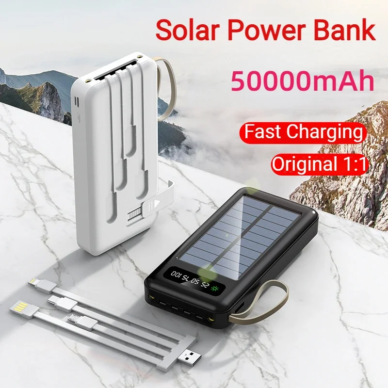 

New Solar Outdoor Power Bank 100000mAh Battery Charger Cases with Built-in Cable Fast Charging for iPhone Samsung Huawei Xiaomi