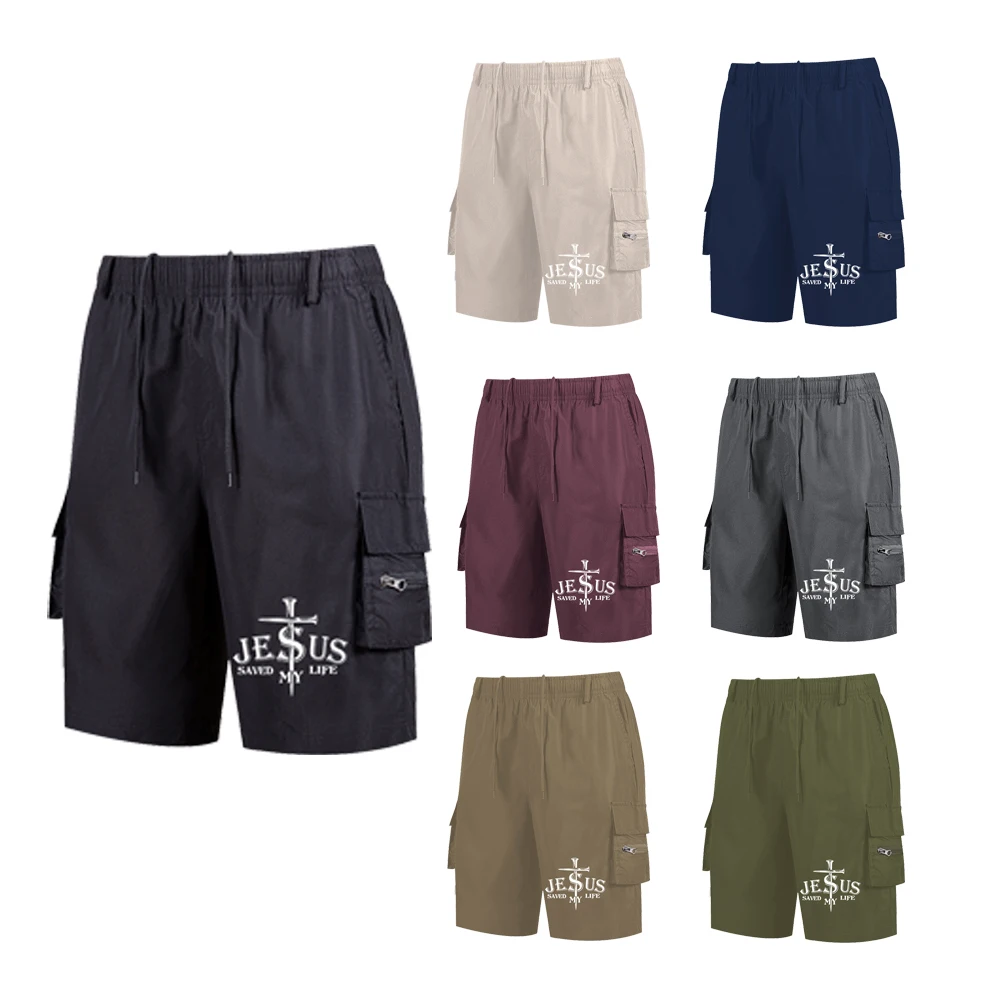 

Summer Men's Gym Shorts "Jesus Saved My Life" Print Outdoor Quick Dry Activewear with Pockets Casual Black Half Short Pants