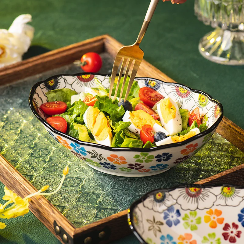 Hand Drawn Floral Ceramic Bowl, Household Rice Bowls, Soup Bowls, Tableware, Snack Plates, Seasoning Plates，Kitchen,Dining & Bar
