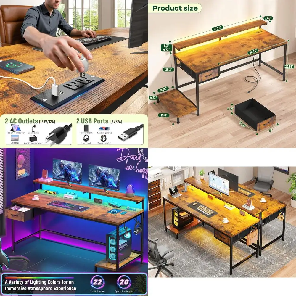 

Эргономичный стол 47.2 с розеткой, светодиодной подсветкой и подставкой для монитора для домашнего офиса, учебы и игр, цвет: рустик-коричневый