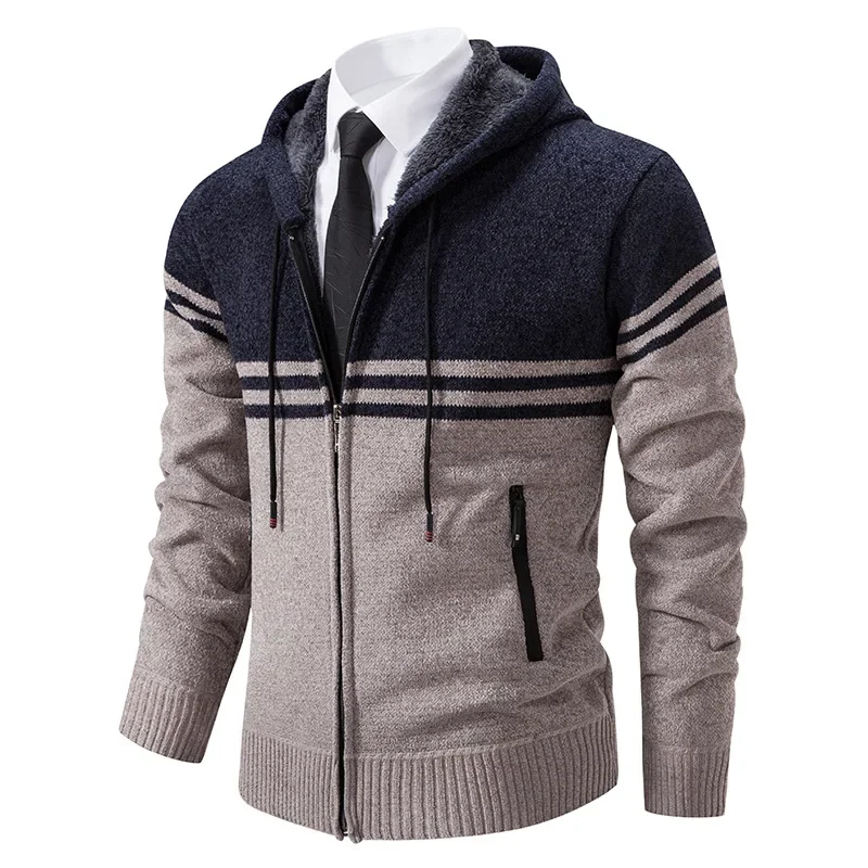 Casaco de lã grosso com capuz masculino, suéter quente, gola alta, zíper, casaco listrado, moda casual, novo, inverno