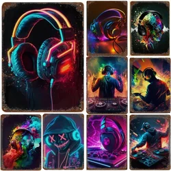 Neon Dj Vintage Metal Sign Posters Pop Art Retro Tin Sign Headphones Music Wall Art Decor Personality Bar Wall  Poster