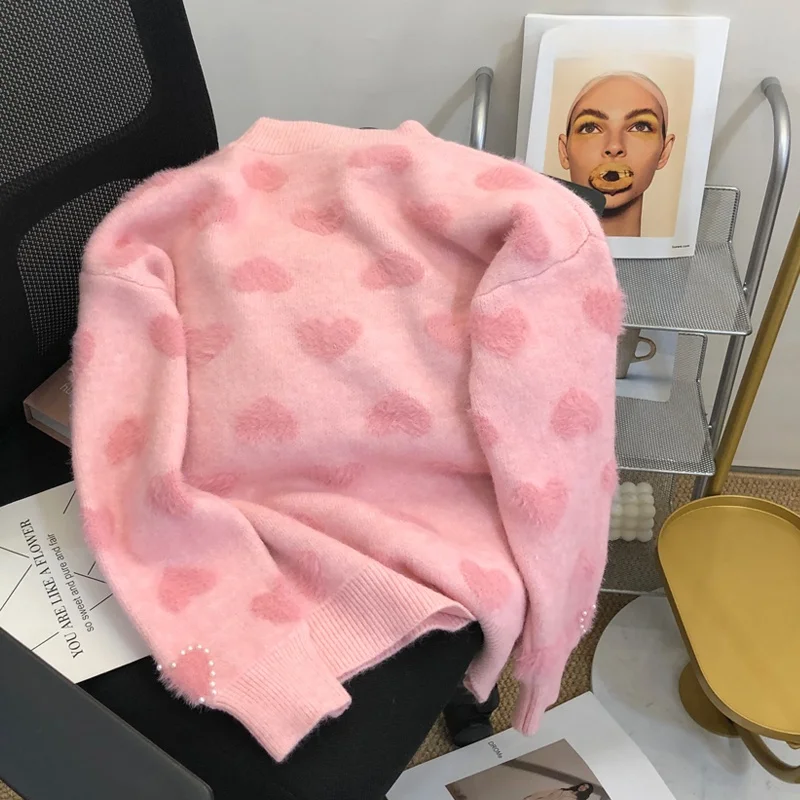Sweater Rajut Pink Wanita Lembut Nyaman Santai Retro Manis Longgar Motif Hati Kamera Musim Gugur Musim Dingin Fashion Bulat Leher...
