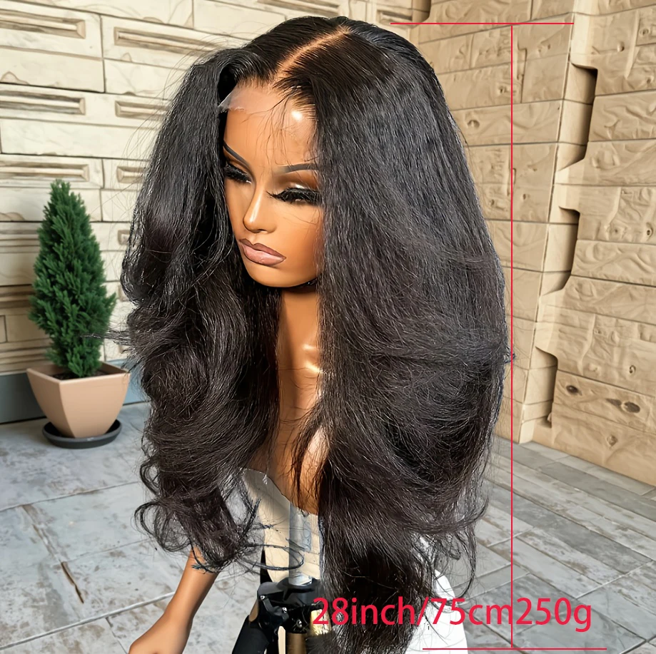 شعر مستعار ناعم ياكي مموج أسود مستقيم 26 بوصة طويل 13 × 4 باروكة أمامية من الدانتيل للنساء 180 كثافة شعر أطفال صناعي بدون صمغ